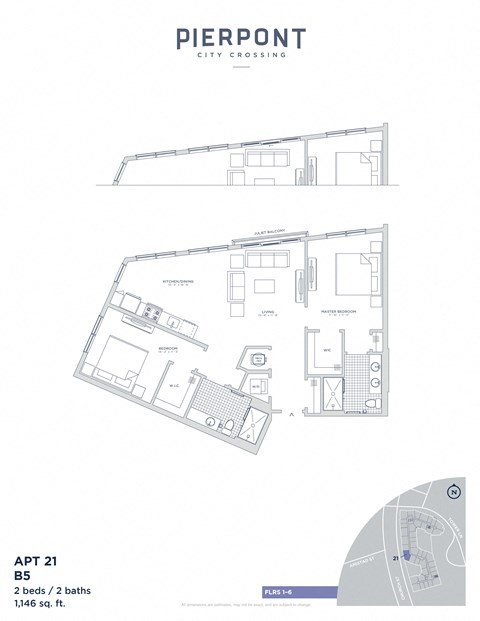 Floor plan for 2 beds, 2 baths, 1146 sqft